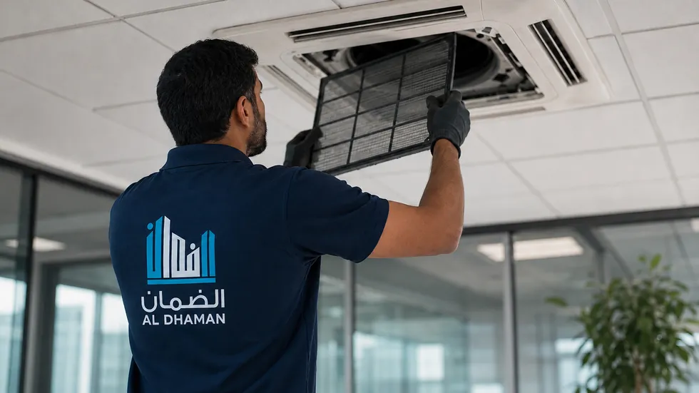 فني الضمان يسحب فلتر وحدة تكييف سقفية في مكتب بالكويت