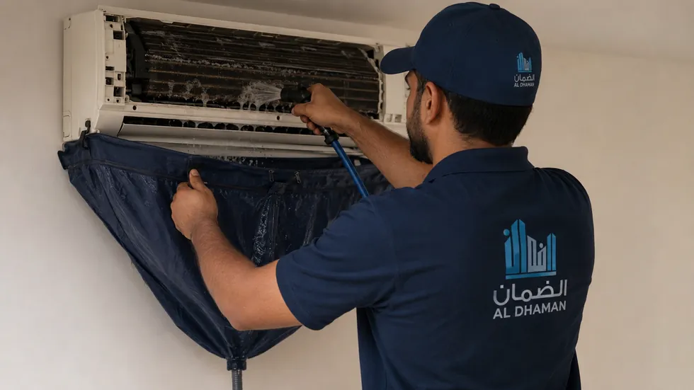 فني شركة الضمان يغسل كويل مكيف سبلت في الكويت