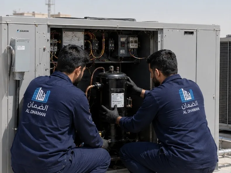 فنيو شركة الضمان يعملون على وحدة تكييف مركزي في الكويت