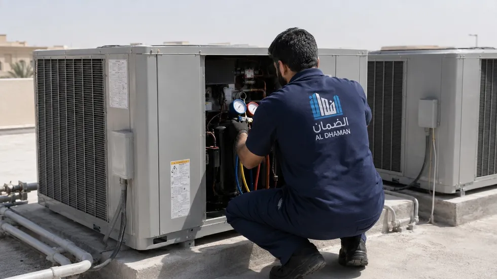 فني الضمان يقيس ضغط غاز المكيف بجهاز المانفولد في الكويت