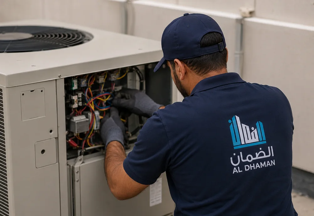 فني شركة الضمان يشتغل على وحدة تكييف خارجية في الكويت