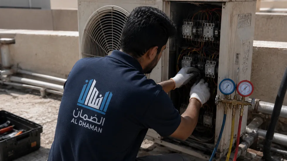 فني شركة الضمان يفحص التوصيلات الكهربائية لمكيف في الكويت